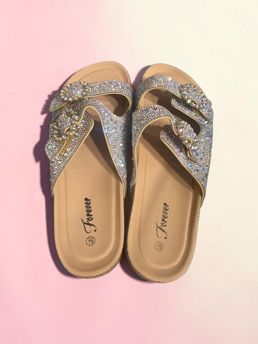 Nwot 8.5 Forever  Iridescent Jeweled Slide Sandals in Silver Bling